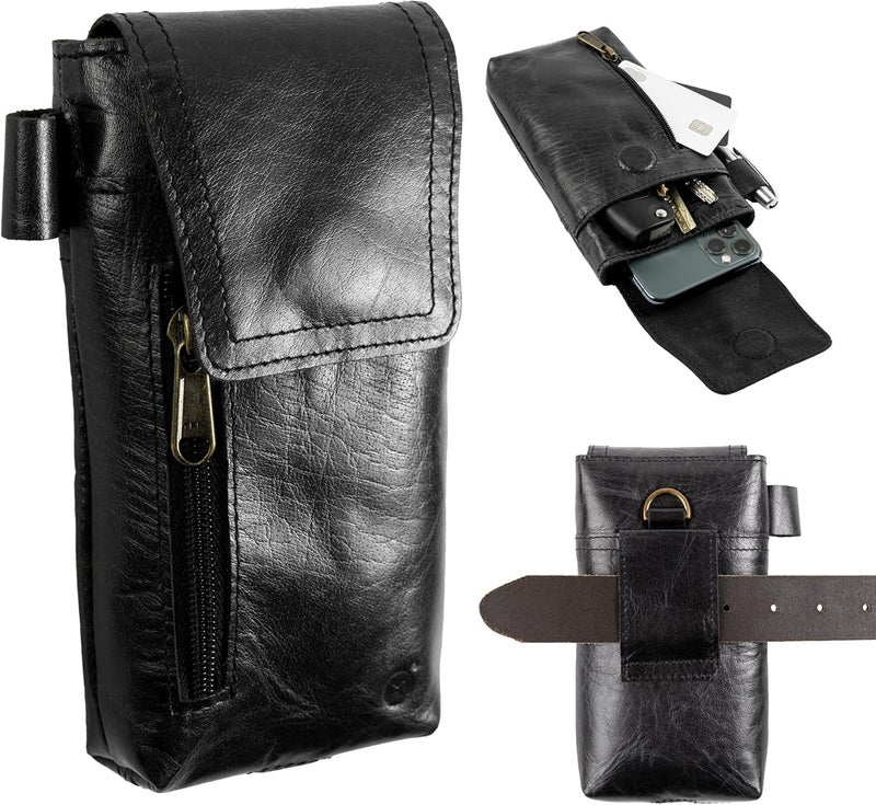 Moonster Leather Phone Holster – Genuine Full-Grain Buffalo Leather Pouch 7”H x 3.5" W Leather Cell Phone Holster for Large Smartphones Handmade Leather Secure Phone Belt Holder Black - Image 1